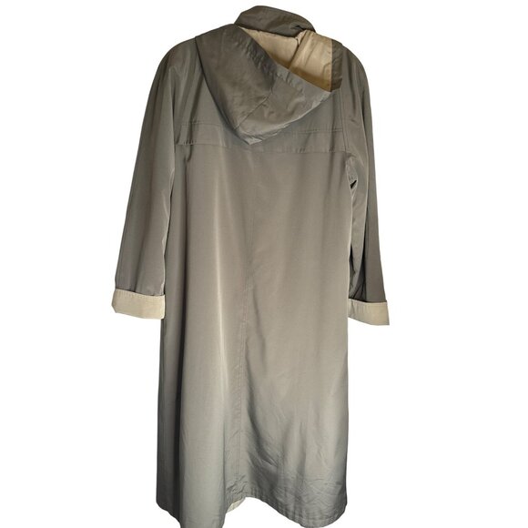 NWOT Gallery Size 12 Long Trench Coat Khaki Green Beige With Hood Rain Coat Line - Picture 2 of 16